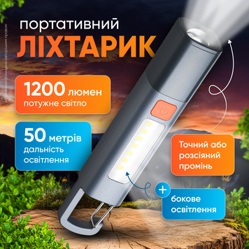 Ліхтарик акумуляторний ліхтар ручний світильник портативний прожектор з великим радіусом дії з боковим прожектором 1756906103719 фото