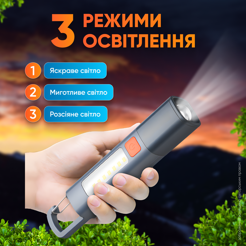 Ліхтарик акумуляторний ліхтар ручний світильник портативний прожектор з великим радіусом дії з боковим прожектором 1756906103719 фото