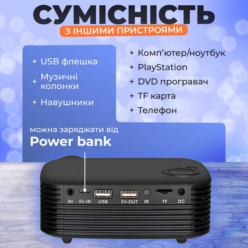 Проектор домашній кінотеатр LED портативний 1000 люмен ля перегляду фільмів серіалів ігор 1256329944 фото
