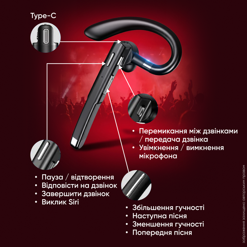 Гарнітура Bluetooth бездротова з мікрофоном Hands Free для розмов шумоподавлення ENC моно навушник LED дисплей  3477260784 фото
