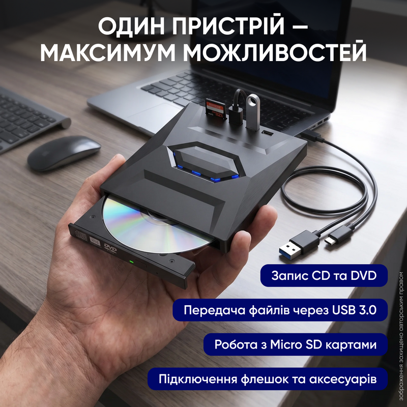 Дисковод внешний многофункциональный оптический DVD привод и USB хаб с кардридером Micro SD Type-C USB для ноутбука компьютера 1765544050538 фото
