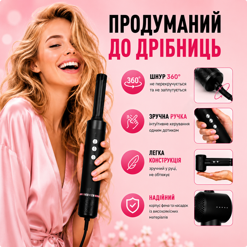 Стайлер для волос фен мультистайлер щетка браш профессиональный автоматический для укладки волос завивки выпрямления сушки многофункциональный прибор с насадками 7в1 1784811221117 фото