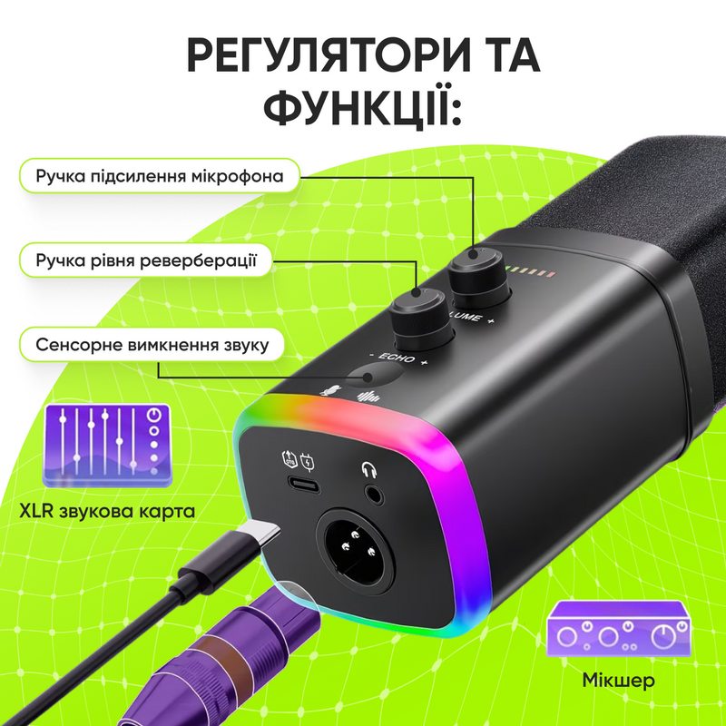 Мікрофон для комп'ютера ігровий студійний професійний динамічний для ПК з шумозаглушенням для запису стрімів подкастів вокалу з підсвіткою RGB триподом 1770969881799 фото