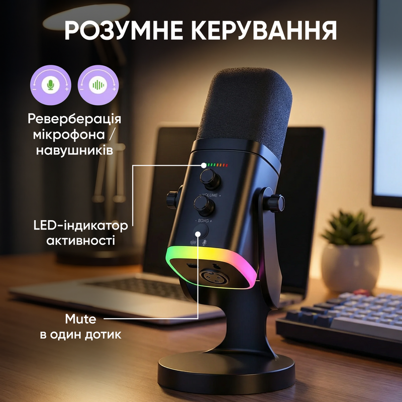 Мікрофон для комп'ютера ігровий студійний професійний динамічний для ПК з шумозаглушенням для запису стрімів подкастів вокалу з підсвіткою RGB триподом 1770969881799 фото