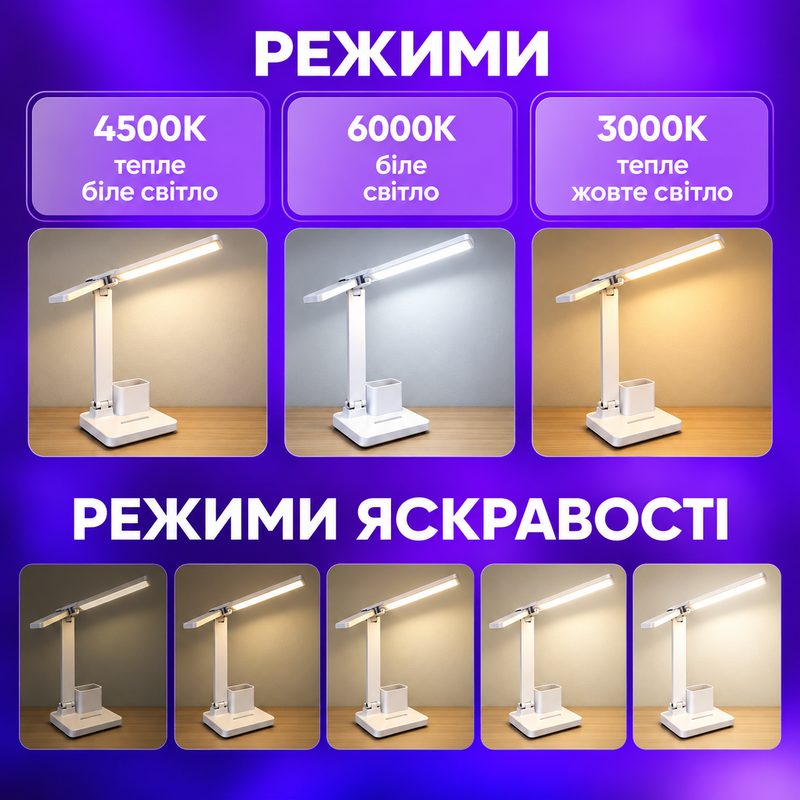 Лампа настольная на аккумуляторе для маникюра с двумя плафонами и дисплеем Светодиодная лед лампы с календарем и термометром держателем для ручек 234572524 фото