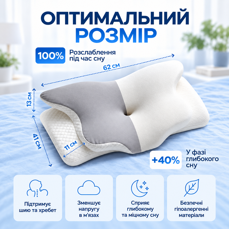  Подушка ортопедична анатомічна ергономічна з місцем для рук метелик гіпоалергенна м'яка і для сну на боці спині животі підтримка шиї та плечей з наволочкою 1787671993579 фото