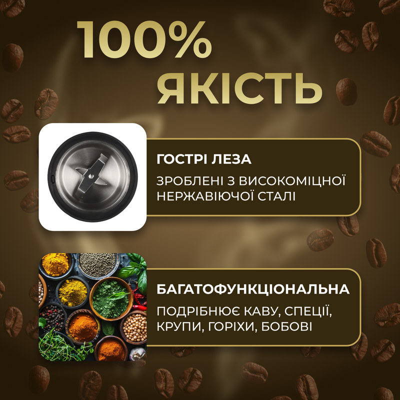 Кавомолка електрична для кави ножова подрібнювач спецій горіхів круп цукру трав бобових 300 Вт 250 г ротаційний ніж  234572882 фото