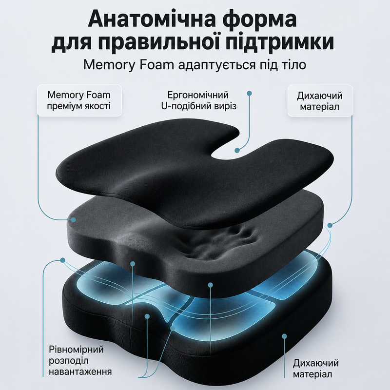 Ортопедическая подушка для сидения на кресло офисный стул авто водителя анатомическая эргономичная сидушка автомобильная бустер под попу с эффектом памяти для беременных взрослых детей спины разгрузки позвоночника 1775028037397 фото
