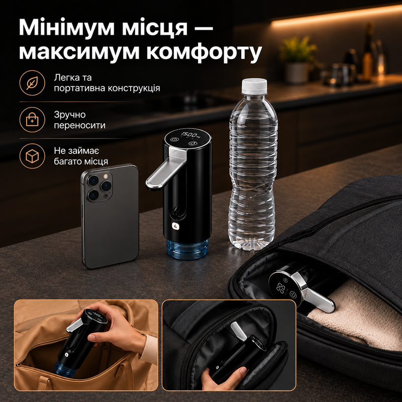 Помпа електрична для води автоматична на бутель на акумуляторі портативний насос диспенсер для кулера бутля  дозатор для дому офісу 1775025577316 фото