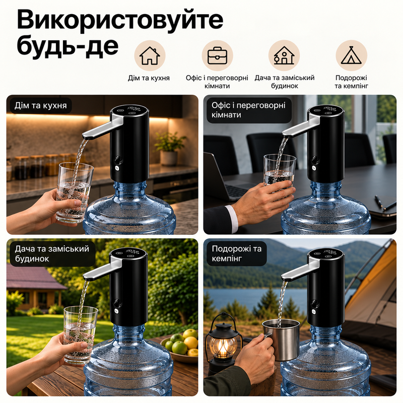 Помпа електрична для води автоматична на бутель на акумуляторі портативний насос диспенсер для кулера бутля  дозатор для дому офісу 1775025577316 фото