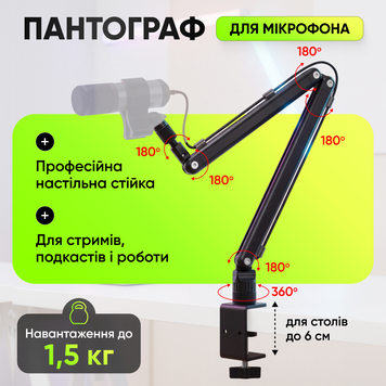 Пантограф для мікрофона мікрофонна стійка тримач підставка для мікрофонів тримач під мікрофон кріплення гнучке штатив настільний мікрофонний на кріпленні до столу для прямих трансляцій нарад офісу онлайн зустрічей  1770971334374 фото