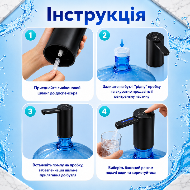 Помпа електрична для води автоматична на бутель міні на акумуляторі портативний насос диспенсер для кулера бутля дозатор для офісу дому 1775025468445 фото
