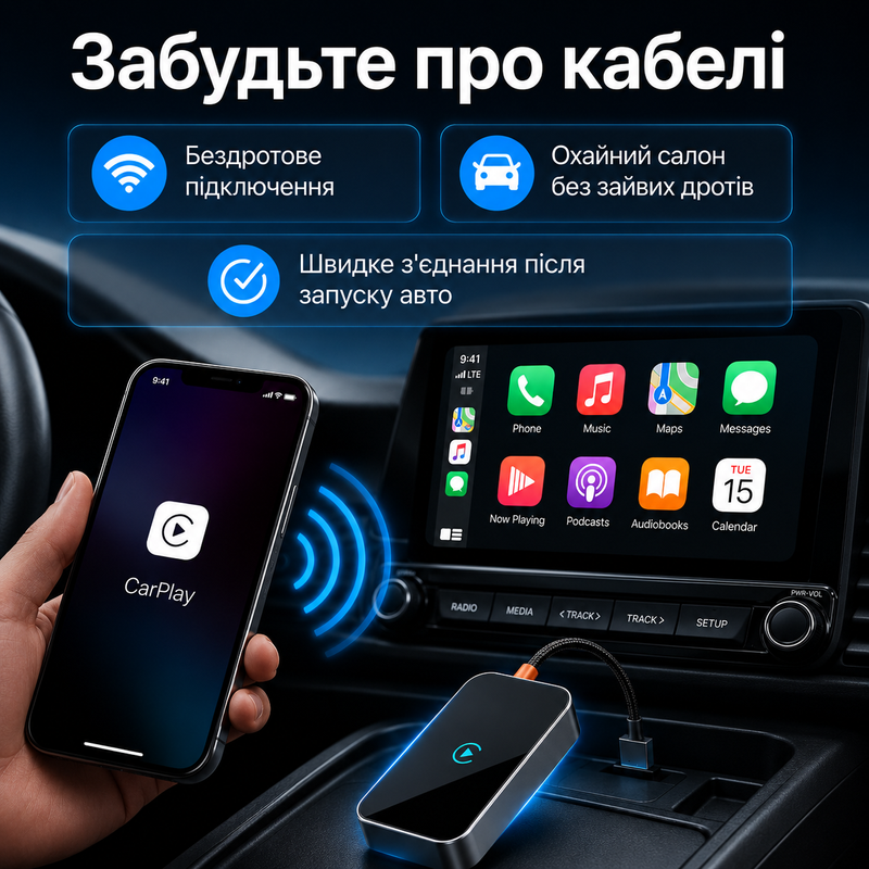 Беспроводной CarPlay адаптер для авто Apple CarPlay Wireless Android Auto USB Type-A Type-C адаптер для мультимедиа автомобиля переходник для подключения телефона блютуз 1776063871345 фото