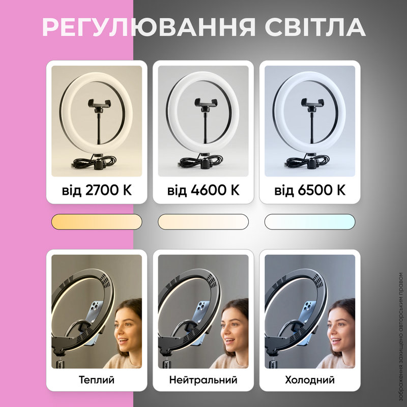 Світлодіодна LED професійна кольорова кільцева лампа для селфі блогерів предметної зйомки 26 см для фото і відео  234562091 фото